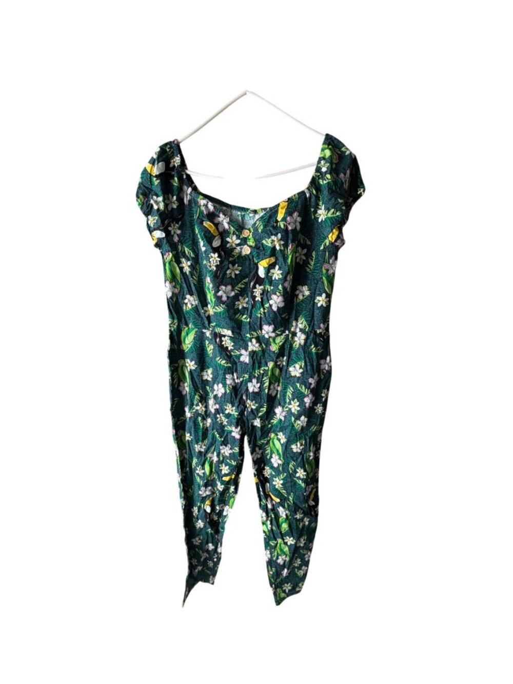 PinPin Daisy Womens Floral Jumpsuit Size 2XL Green Toucan Tiki Rockabilly New